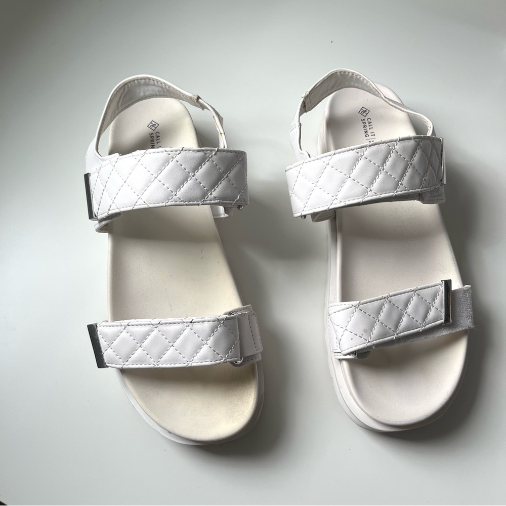 White Quilted Velcro Strap Sandals